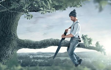 Ohne Planung sägst du manchmal an dem Ast, auf dem du sitzt.  Handwerker sitzt auf einem Baum und zersägt freudig einen dicken Ast, auf dem er sitzt. Symbolbild für Fehler, die sich mit guter Planung vermeiden lassen.