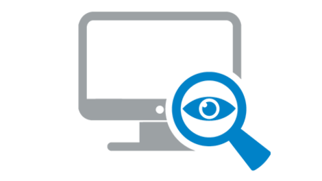 Icon: Lupe mit Auge vor Computerbildschirm als Symbol für mehr Überblick über Fertigungsabläufe mit der digitalen Fertigungsplanung 
