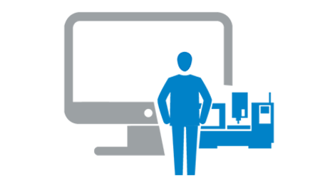Icon Kapazitätsabgleich: Mensch steht vor Maschine und Computerbildschirm als Symbol für die einfache digitale Fertigungsplanung über alle Ressourcen hinweg.