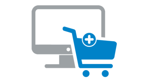 Icon: Einkaufswagen mit Plus vor Computerbildschirm als Symbol für Beschaffung und Abläufe integriert in der digitalen Fertigungsplanung.